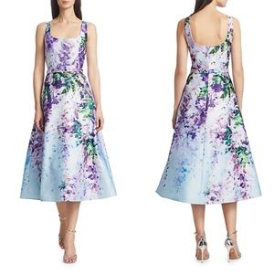 Marchesa Notte Watercolor Floral Satin Sleeveless Midi Dress Light Blue 16 NWT